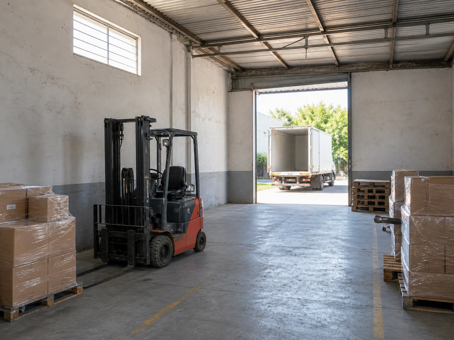 Depósito con pallets envueltos en film, un autoelevador y un camión de caja blanca estacionado en el portón