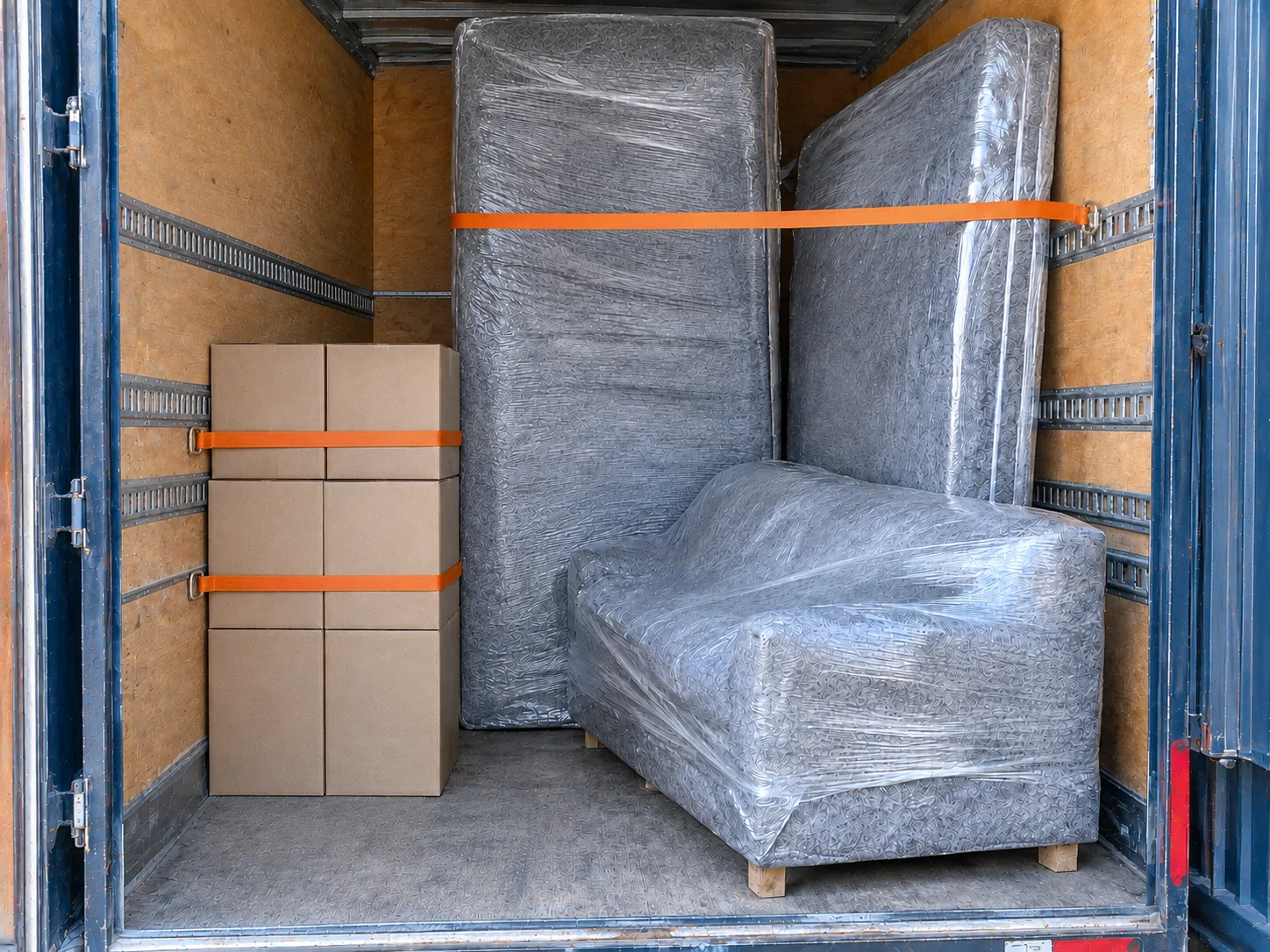 Interior de la caja de un camión de mudanzas con muebles envueltos en mantas y film, cajas de cartón sujetas con cintas de amarre
